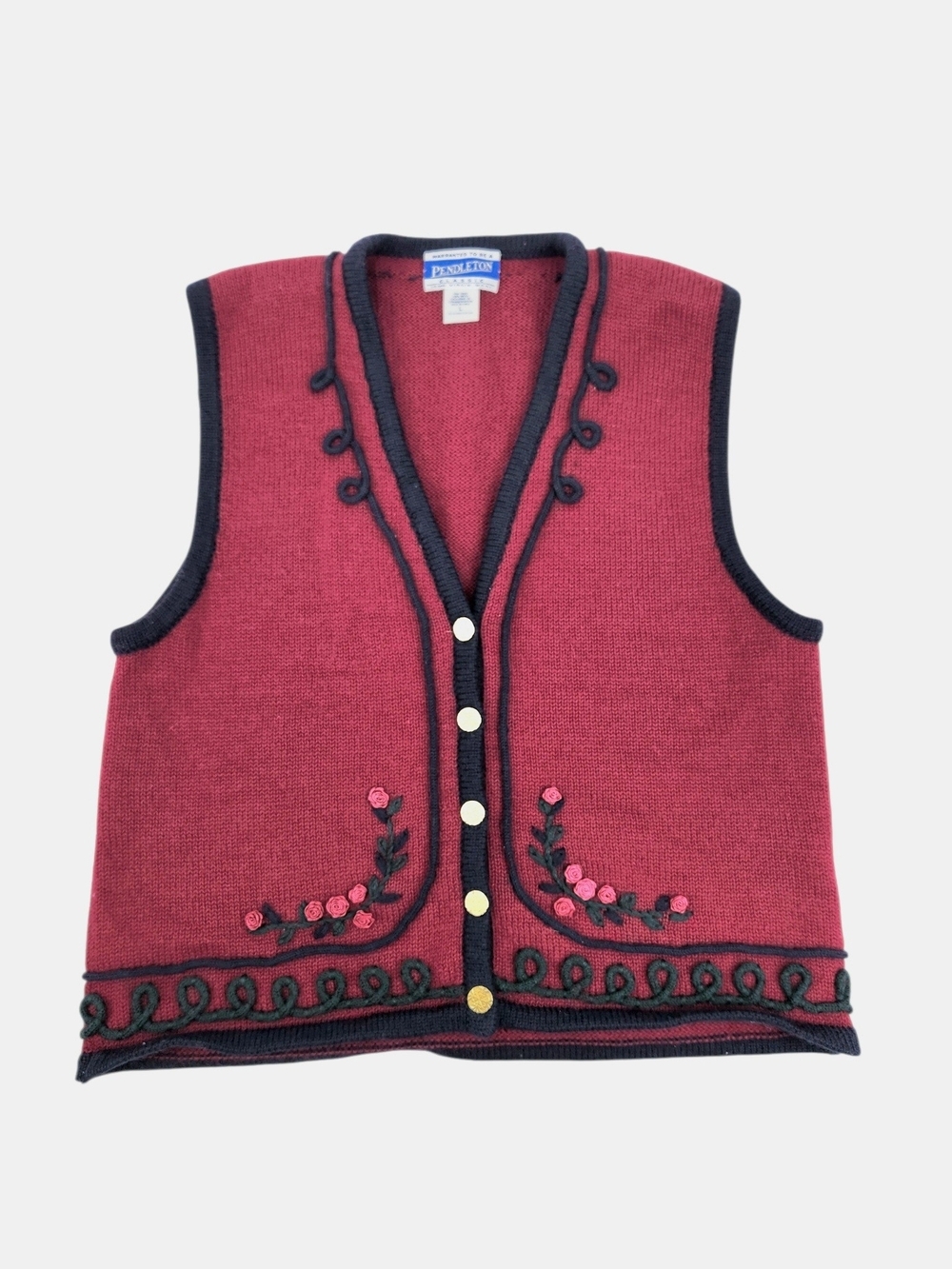 Vintage Pendleton Virgin Wool Vest L Red Embroidered Floral Cottage Folk Granny - Picture 7 of 12